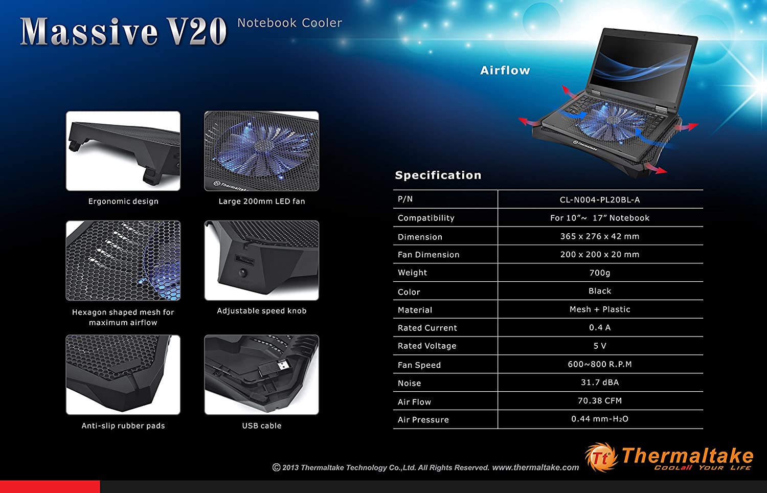 Thermaltake Massive V20 Laptop Cooler (Cl-N004-PL20BL-A)
