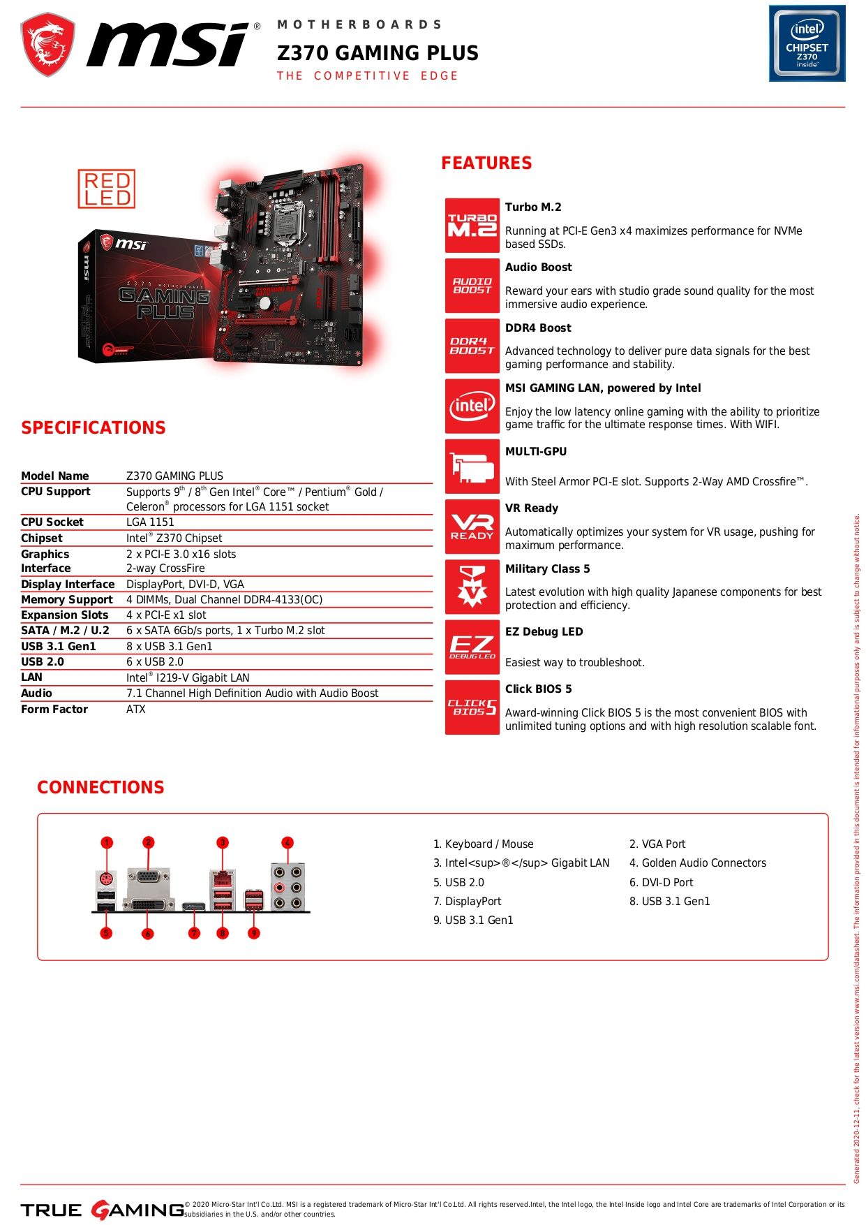 MSI Z370 GAMING PLUS LGA 1151 Intel Z370 SATA 6 GB/s USB 3.1 ATX Intel Motherboard