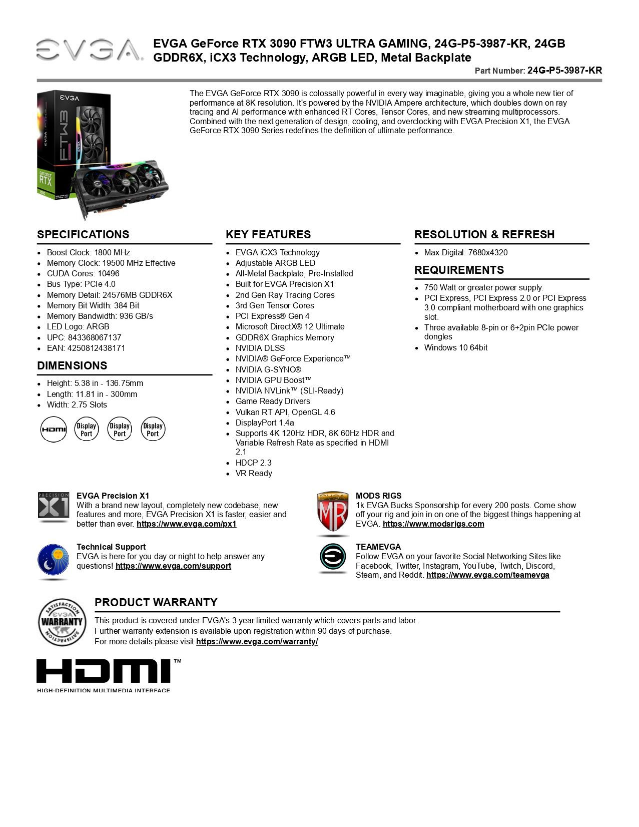 EVGA GeForce RTX 3090 FTW3 ULTRA GAMING Graphics Card (24G-P5-3987-KR)