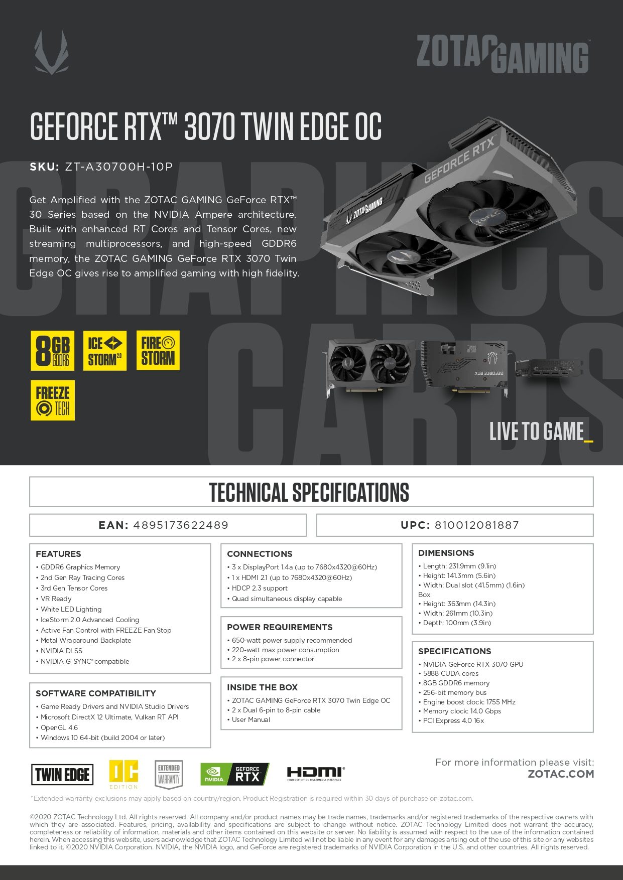 ZOTAC GAMING GeForce RTX 3070 Twin Edge OC Graphics Card (ZT-A30700H-10P)