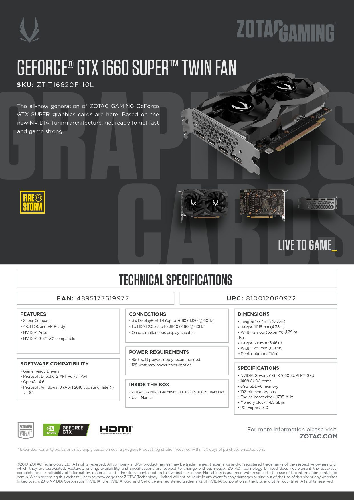 ZOTAC GAMING GeForce GTX 1660 SUPER Twin Fan Graphics Card (ZT-T16620F-10L)
